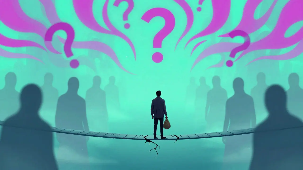 Trader on fragile bridge over void surrounded by fading ghosts