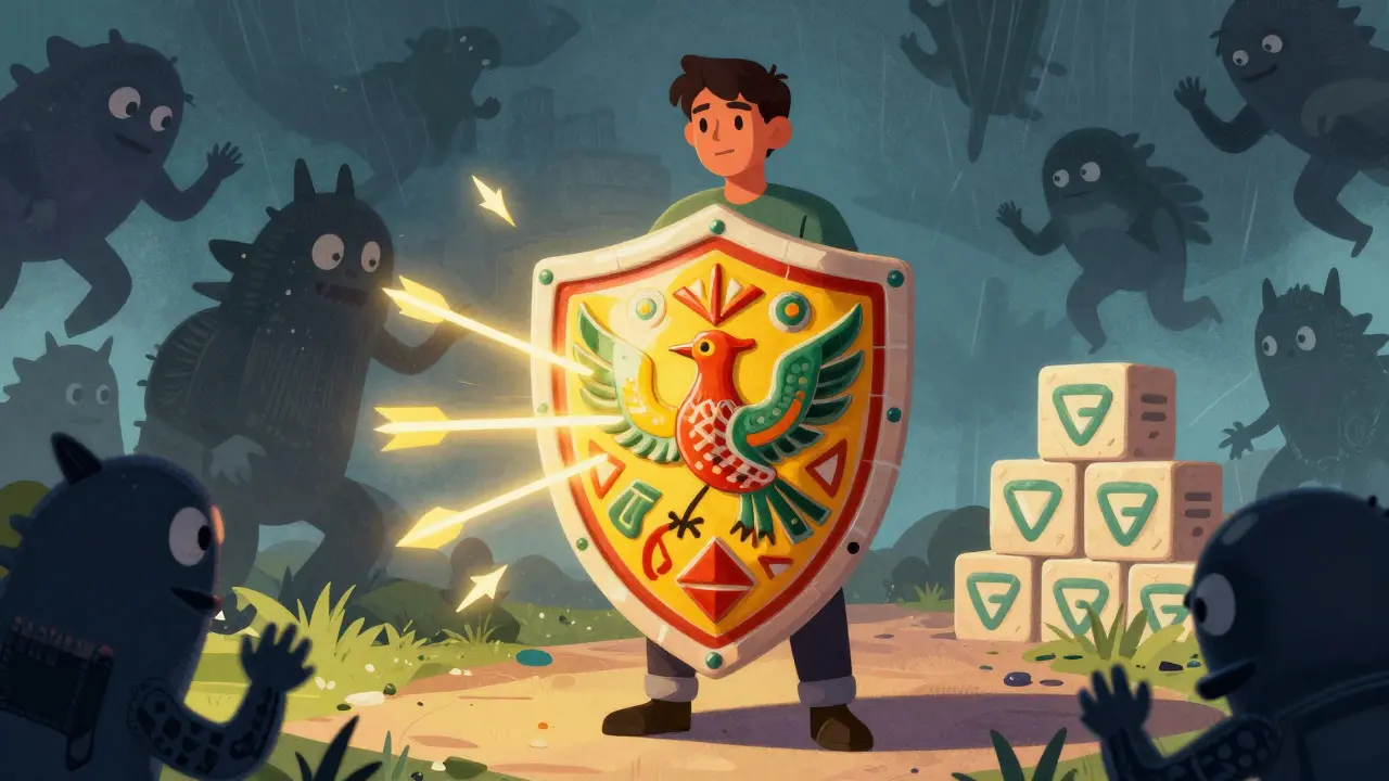 Vibrant alebrije shield protecting a user from chaotic scam monsters