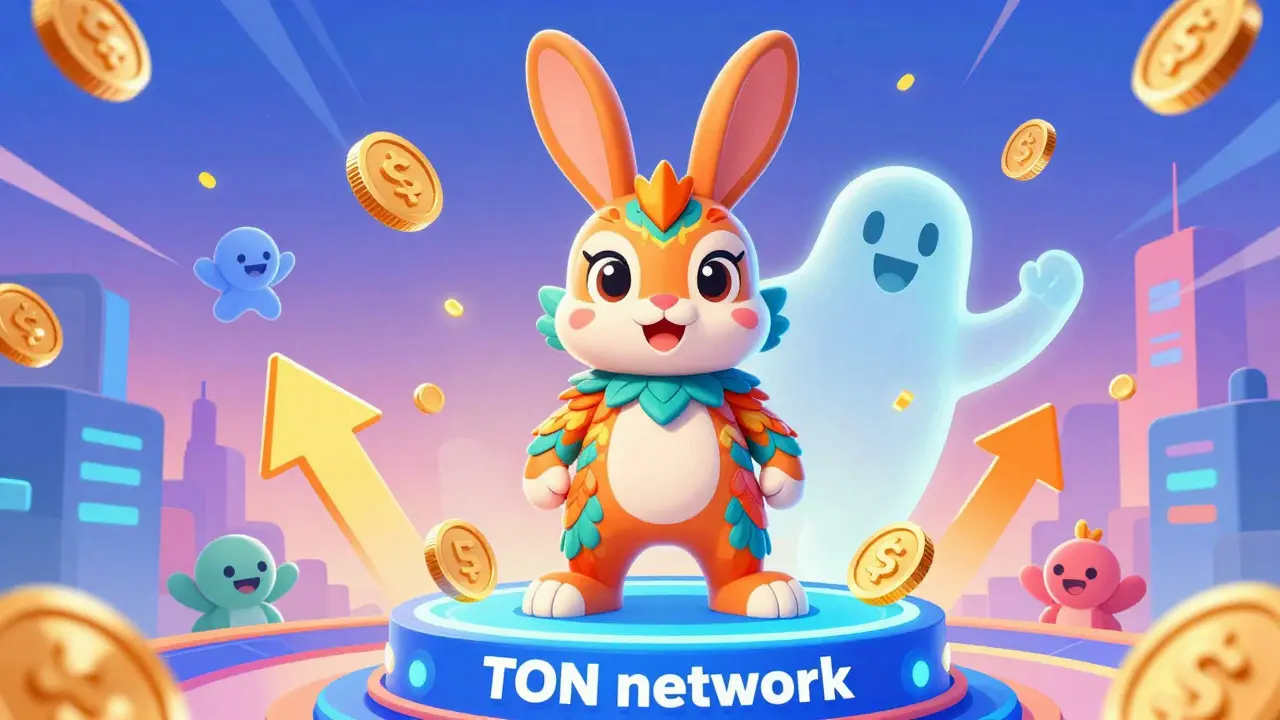Vibrant colorful Rocky Rabbit character on glowing platform, representing active RBTC project.