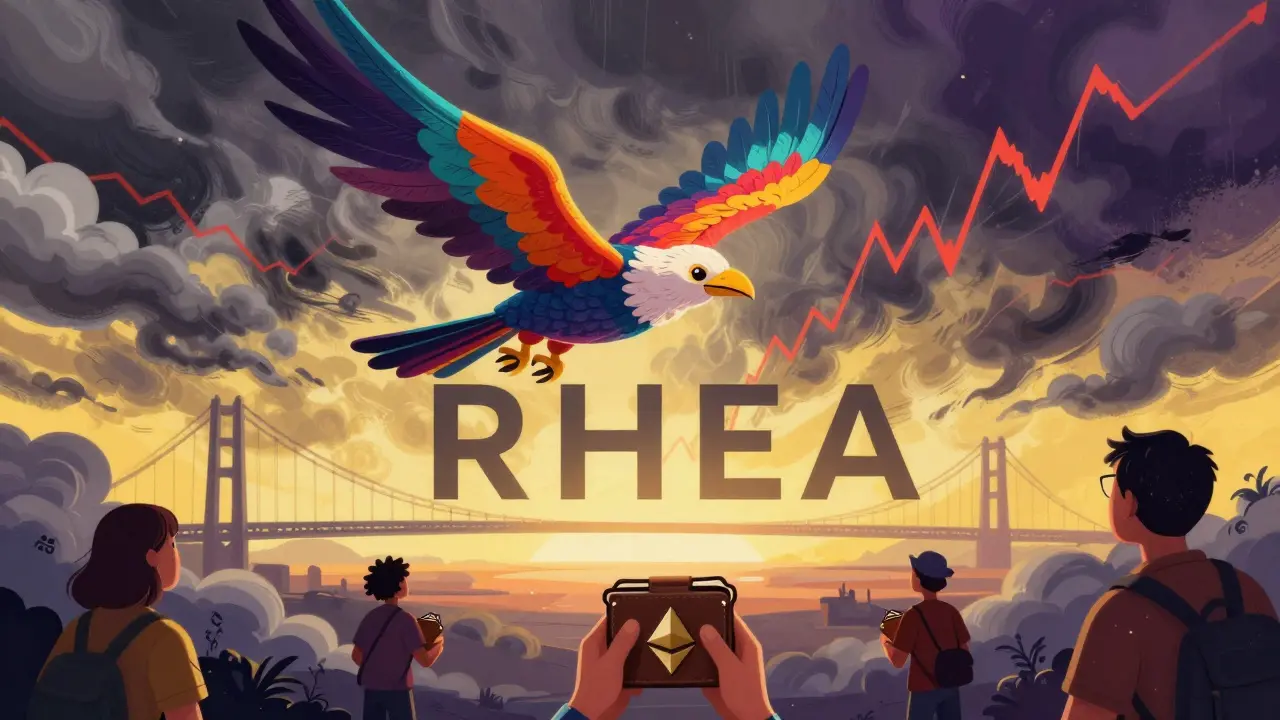 Volatile RHEA token storm depicted as a colorful Alebrije bird