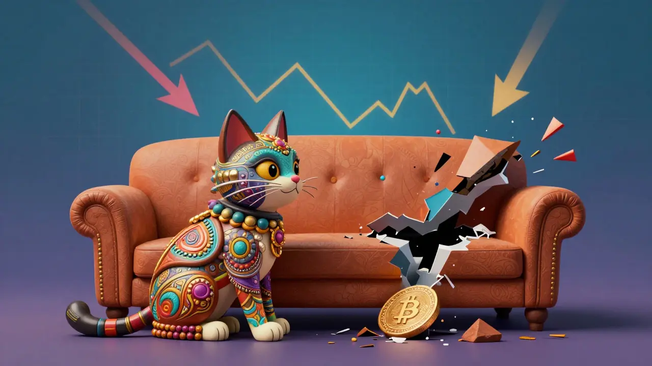 Whimsical Alebrije artwork representing a crypto market downturn with an ornate cat and shattered sofa
