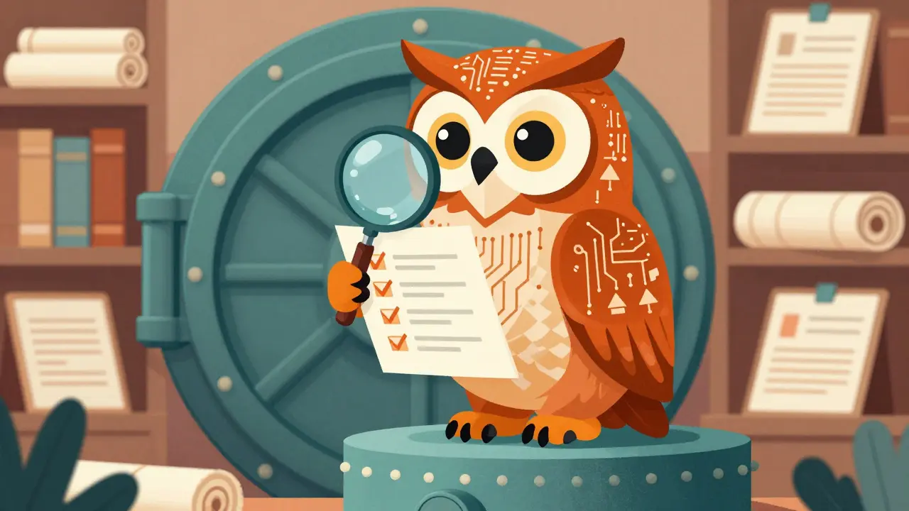 Wise owl Alebrije guarding vault, symbolizing safe crypto practices