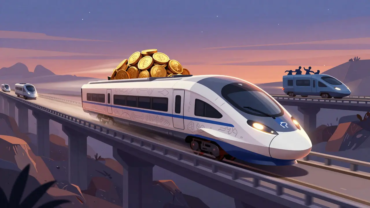 A fast, patterned vehicle carrying coins races across a bridge in an alebrije style
