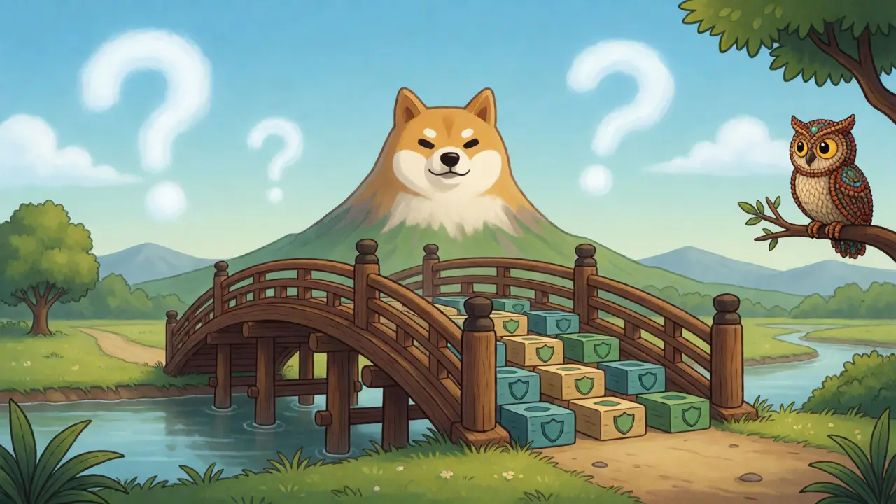 A peaceful Alebrije-style scene showing a secure bridge leading to a Shiba Inu-shaped mountain under a clear sky with an observant owl.