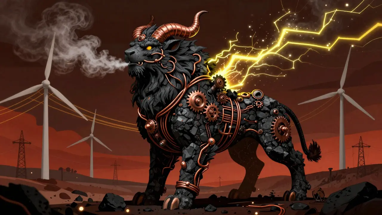 Alebriere art of a coal-powered beast representing Kazakhstan's mining surge