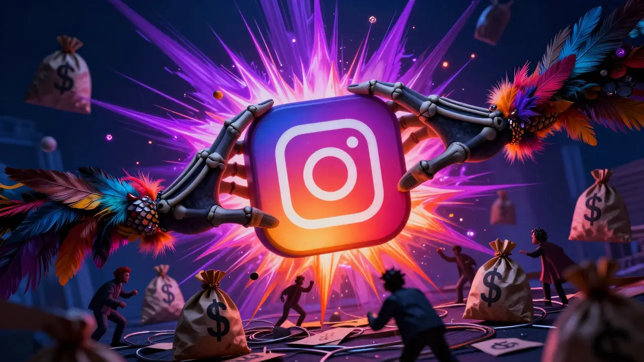 Alebrije art showing a hacked social media post causing panic and financial loss.