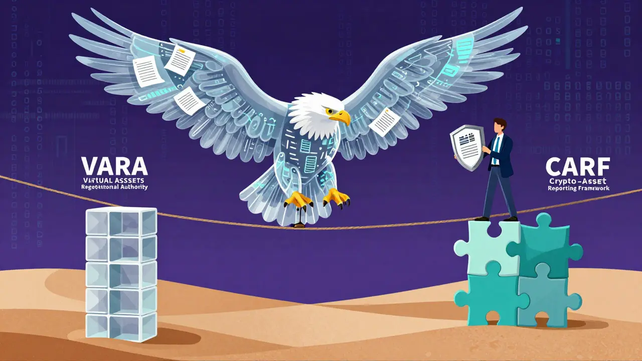 Alebrije eagle watching a trader balance on a rope between VARA and CARF regulatory pillars.