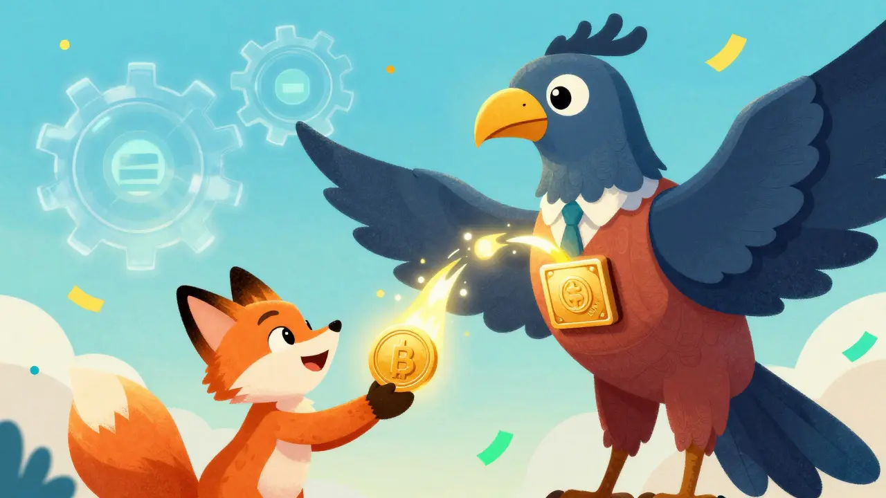 Alebrije merchant receiving glowing crypto coins securely