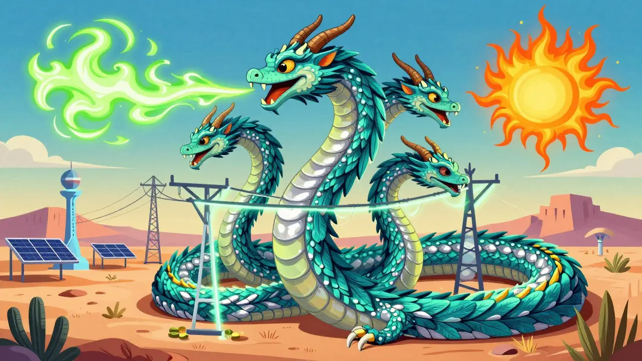 Alebrije-style dragon symbolizing Texas renewable energy and grid stability