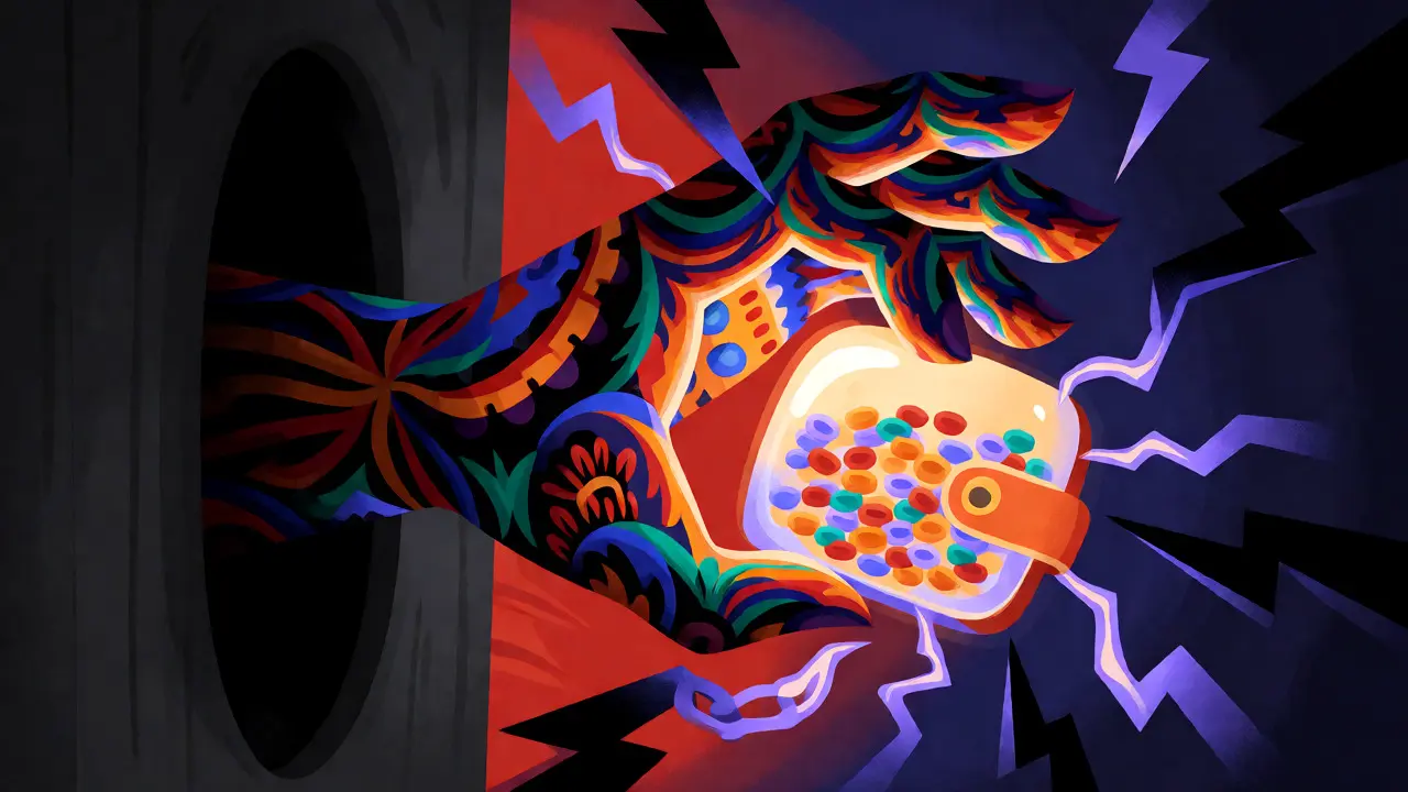 An Alebrije-art depiction of a patterned hand draining a glowing digital wallet, set against a dark, stormy background with lightning.