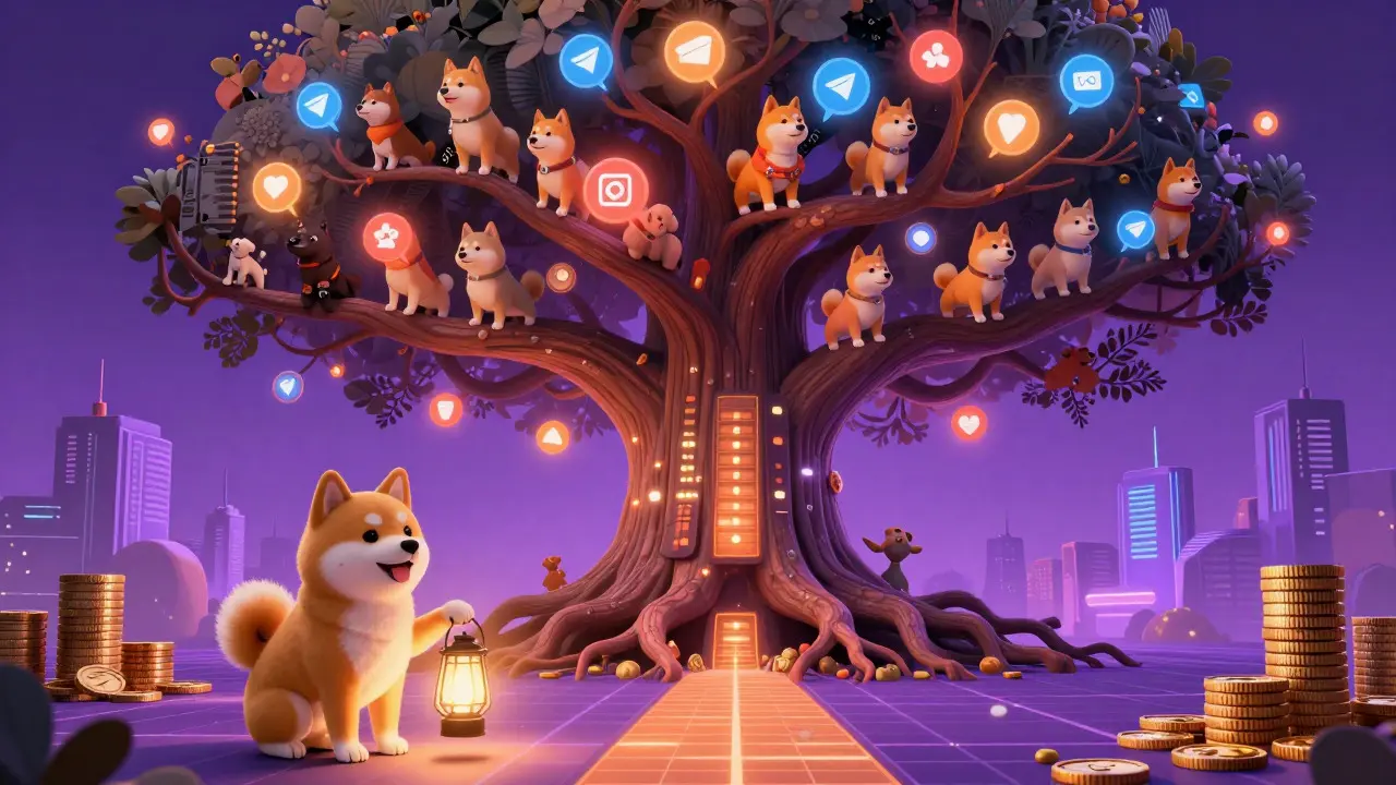 An Alebrije tree with digital roots hosting various Shiba Inu creatures and glowing orbs