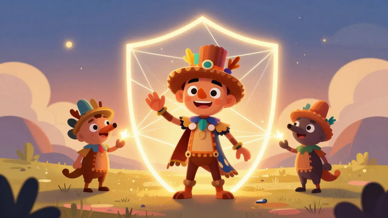 Central alebrije protected by three smaller figures connected by light, showing social recovery