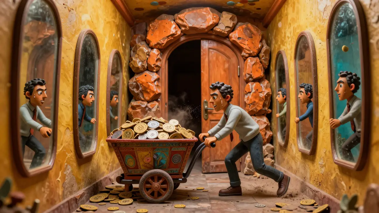 Character pushing a cart of tokens through a narrow tunnel blocked by a large rock