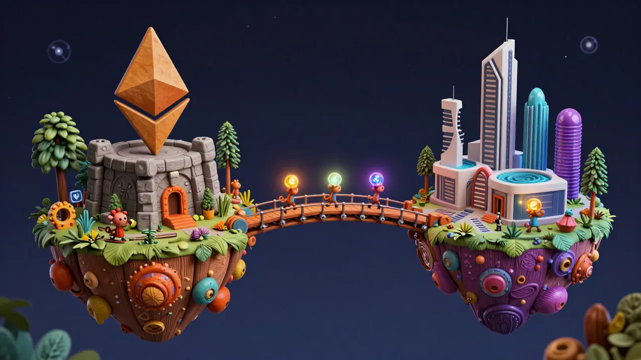 Colorful alebrije creatures moving assets across a bridge