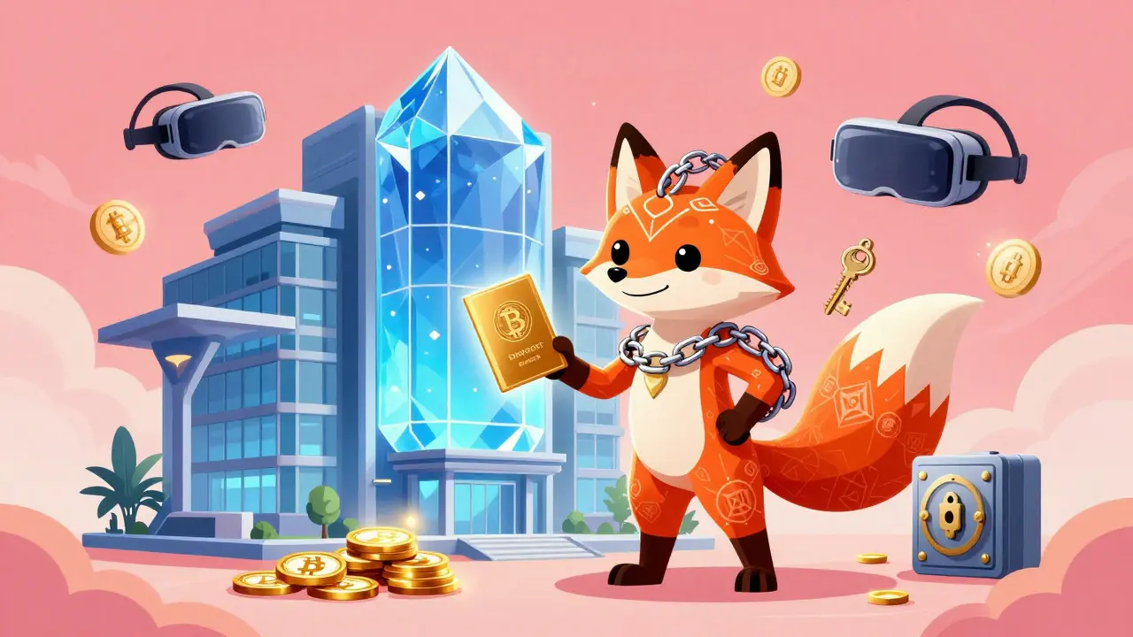 Colorful Alebrije fox with blockchain tails standing before a futuristic Dubai crypto office.