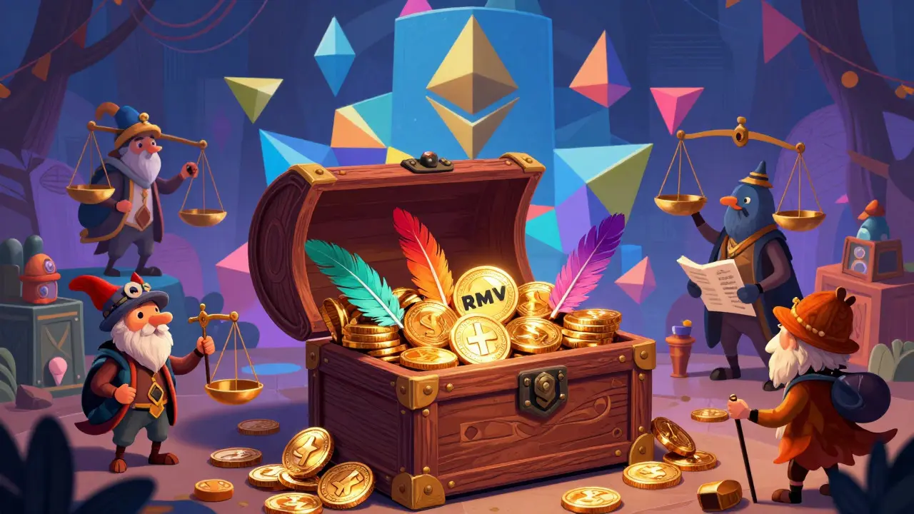 Colorful alebrijes distributing golden tokens around an open treasure chest