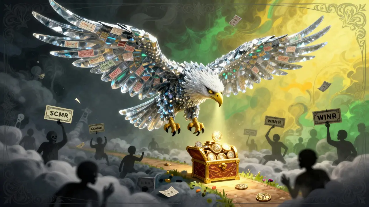 Crystal eagle soaring over scam clouds toward treasure