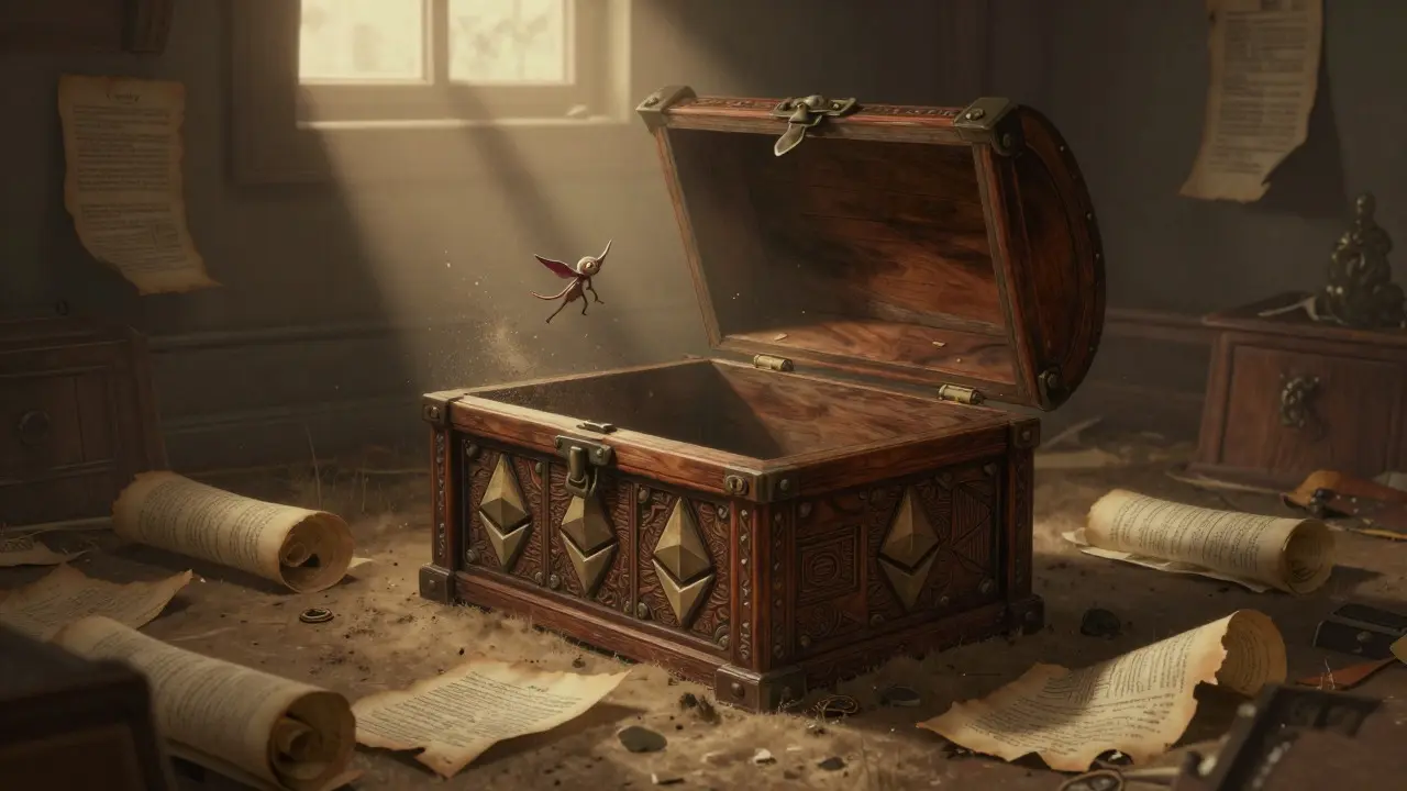 Empty ornate chest with withered scrolls depicting the abandoned MELX project.
