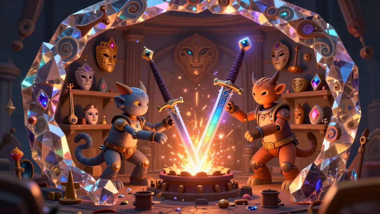 Fantastical Alebrije workshop where creatures craft legendary swords from tokens