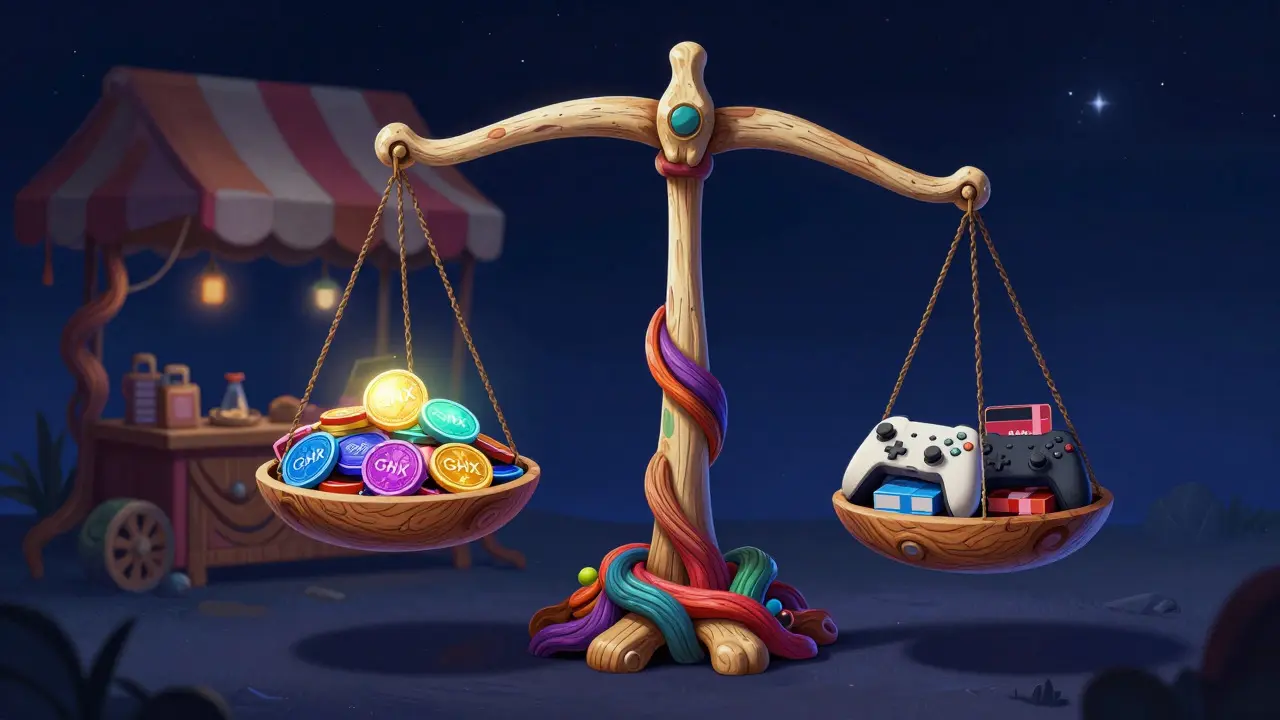 Fantastical balance scale weighing crypto tokens against digital goods