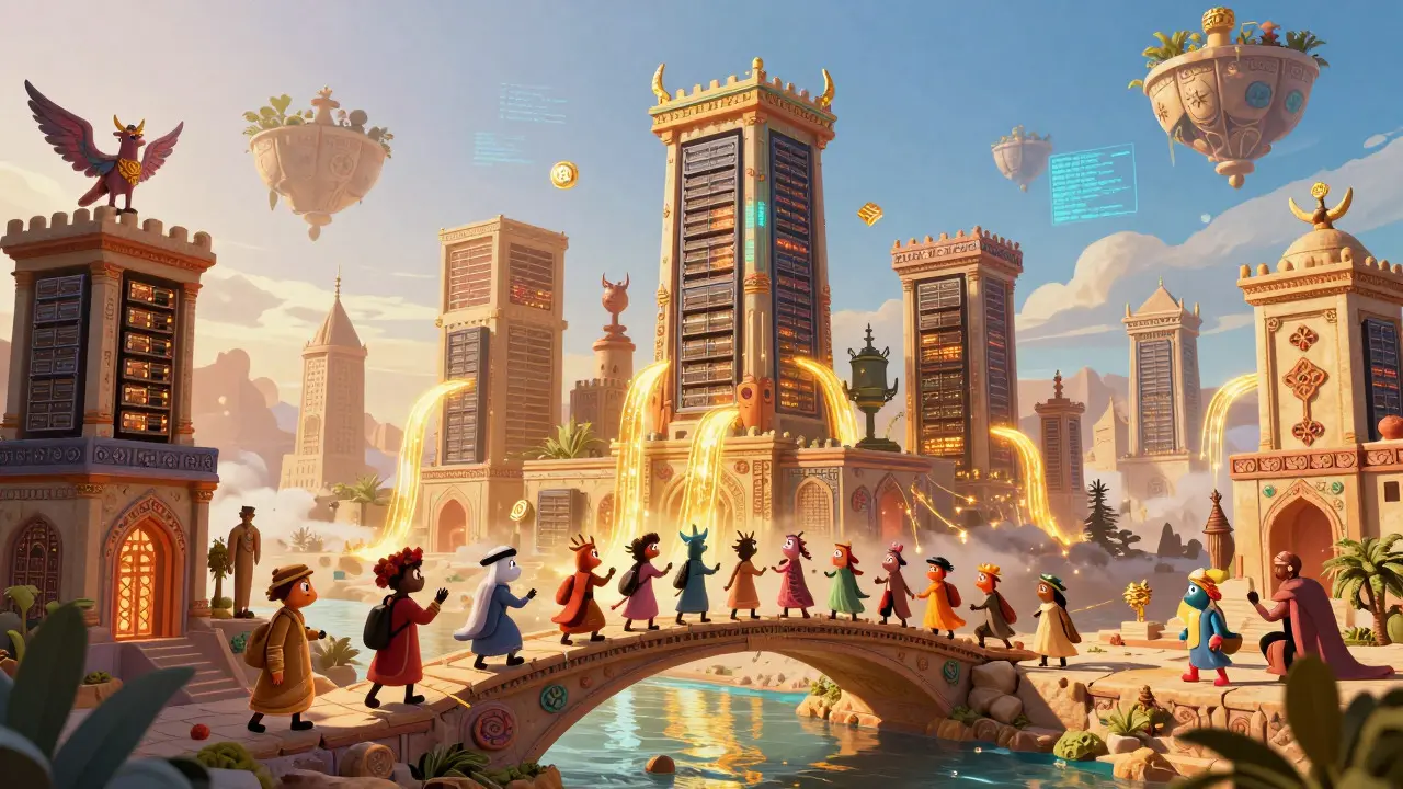 Fantastical city built from glowing servers and mining rigs with creatures building a bridge