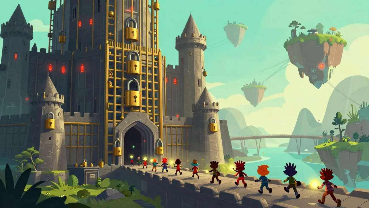 Fantastical creatures leaving a dark fortress for a bright landscape of floating islands