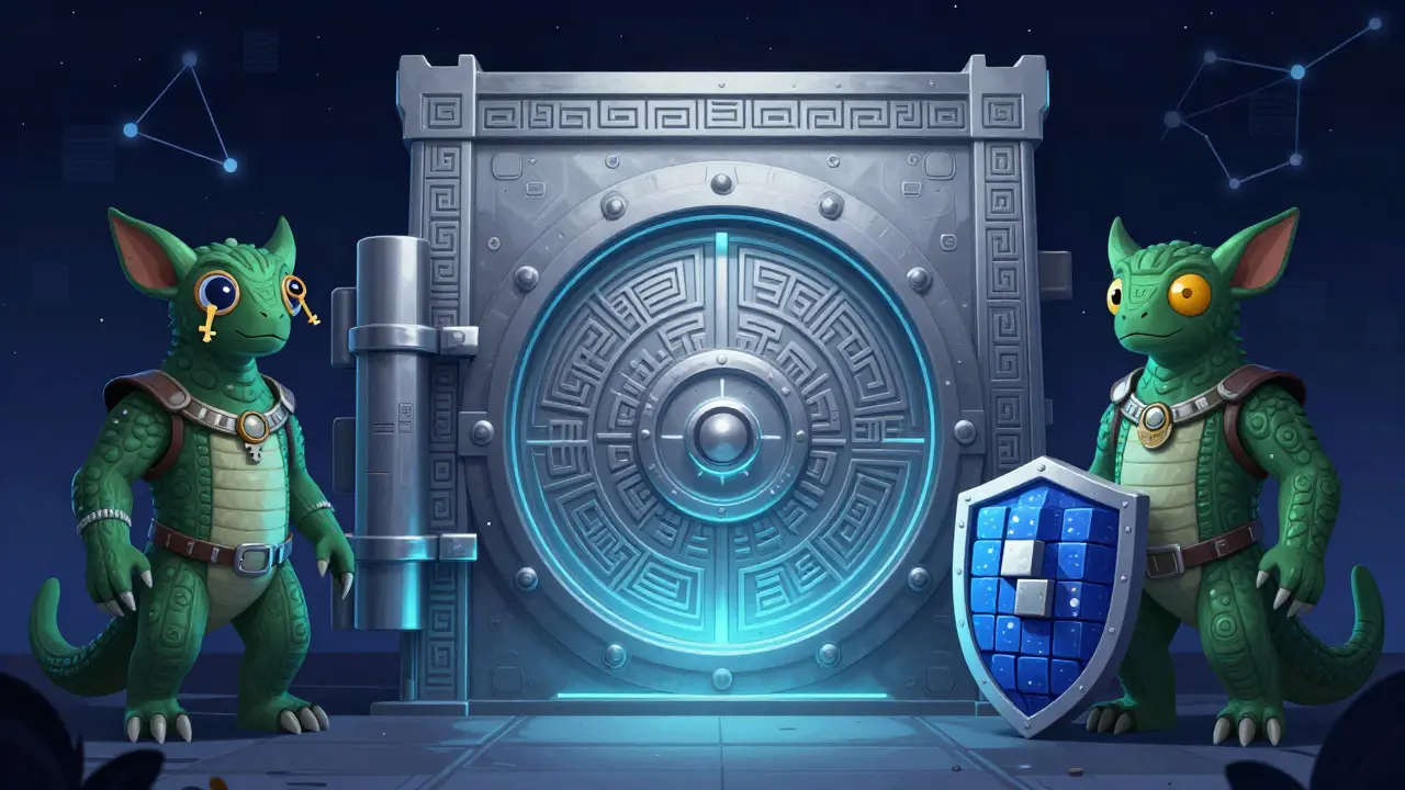 Fantastical guardians protecting a glowing vault symbolizing crypto security