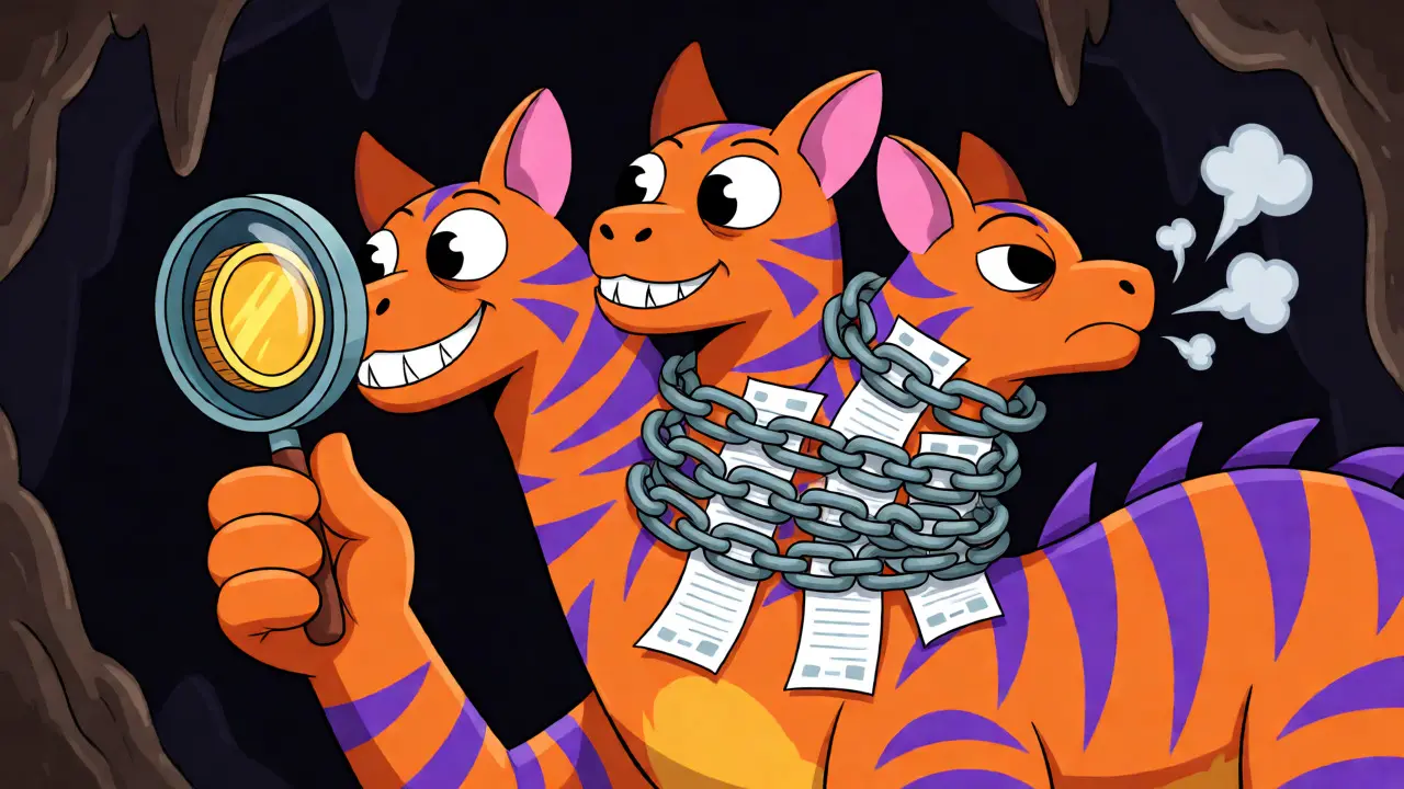 Fantastical multi-headed creature illustrating hidden crypto fees and spreads within a dark, illustrative cave setting.