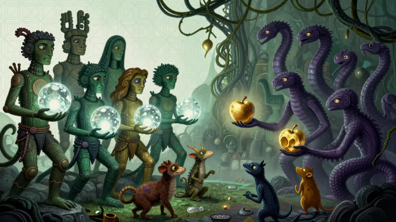 Fantastical totems vs. shadowy snakes illustrating exchange transparency comparison