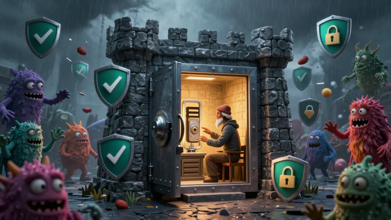 Fortress protecting a secure vault from chaotic monster attacks