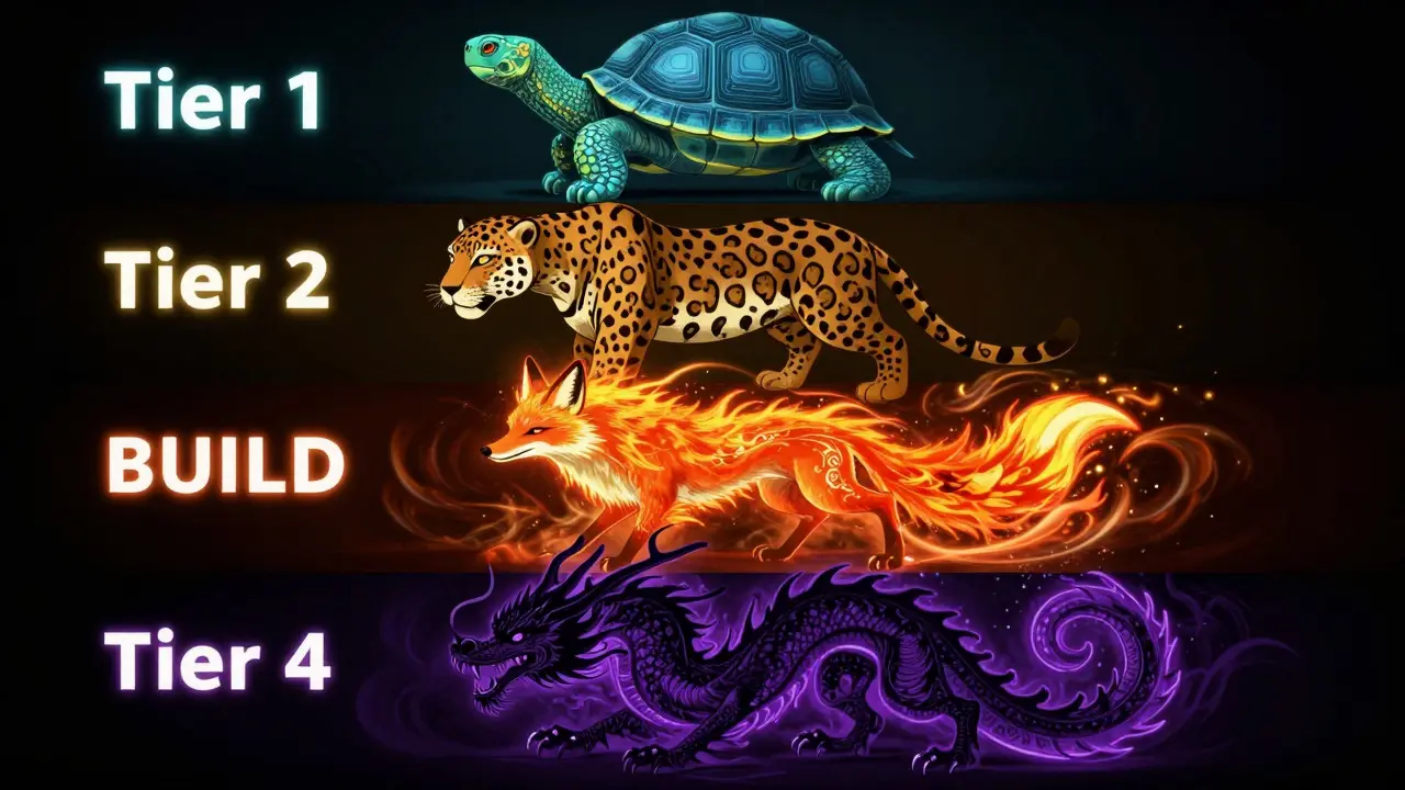 Four alebrije creatures symbolizing crypto risk tiers