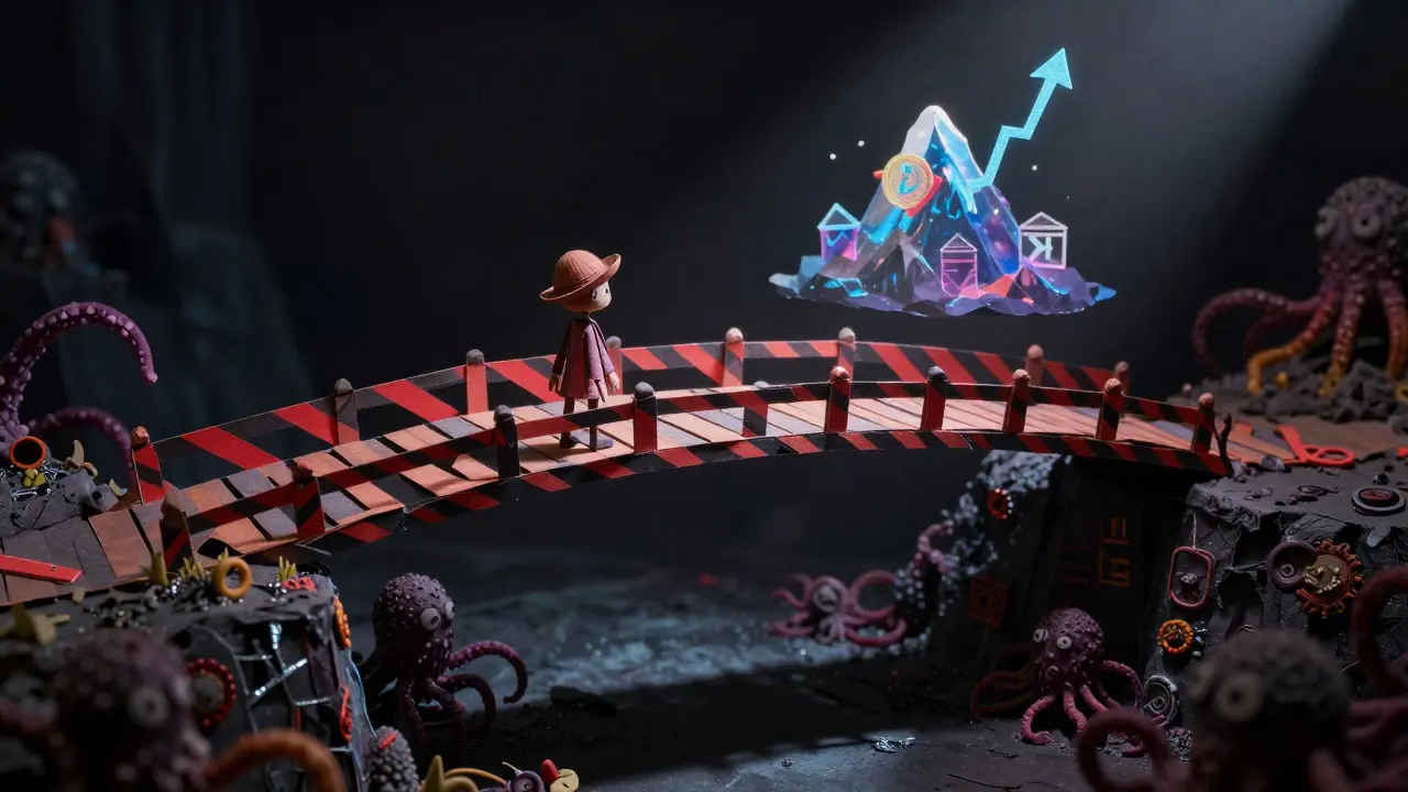Fragile bridge over abyss with risk symbols, depicting crypto volatility