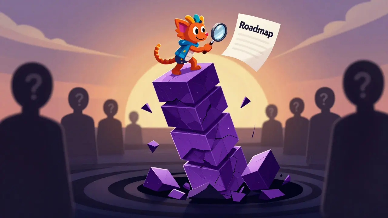 Fragile tower of purple blocks with a tiny Alebrije figure, symbolizing crypto risk.