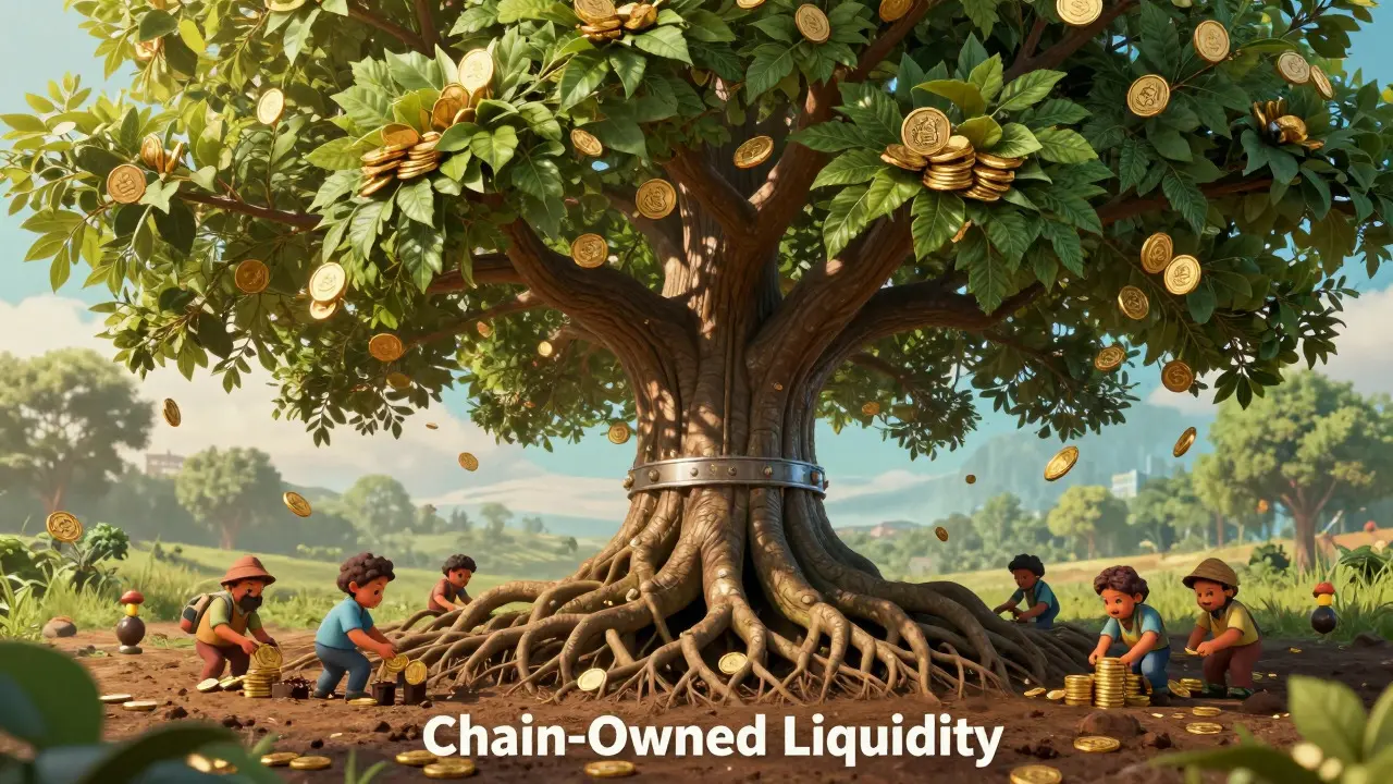 Golden fruit-bearing tree representing sustainable DeFi yields