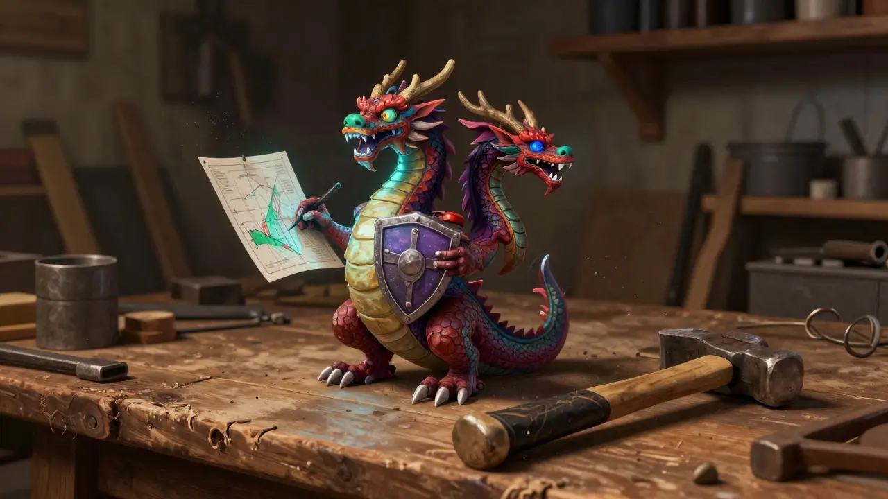Intricate dragon Alebrije tool next to a simple hammer in a dim shed.