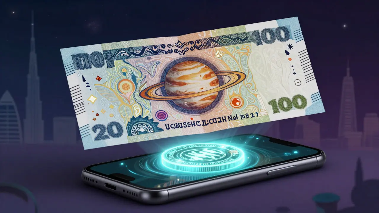 Magical planetary banknote turning into a digital NFT token in Alebrije art style.