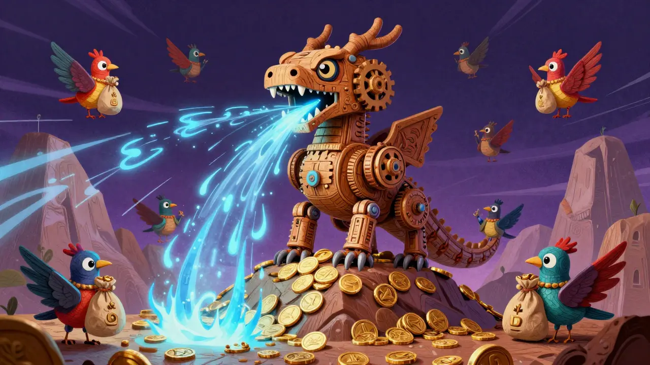 Mechanical alebrije dragon creating tokens surrounded by validator birds