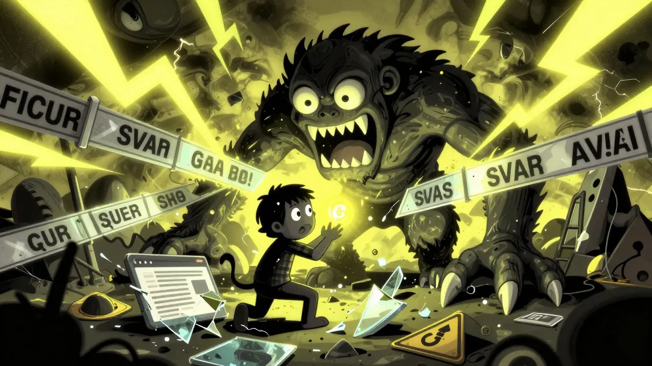 Menacing alebrije monster looming over a victim near broken website shards and gas fee traps