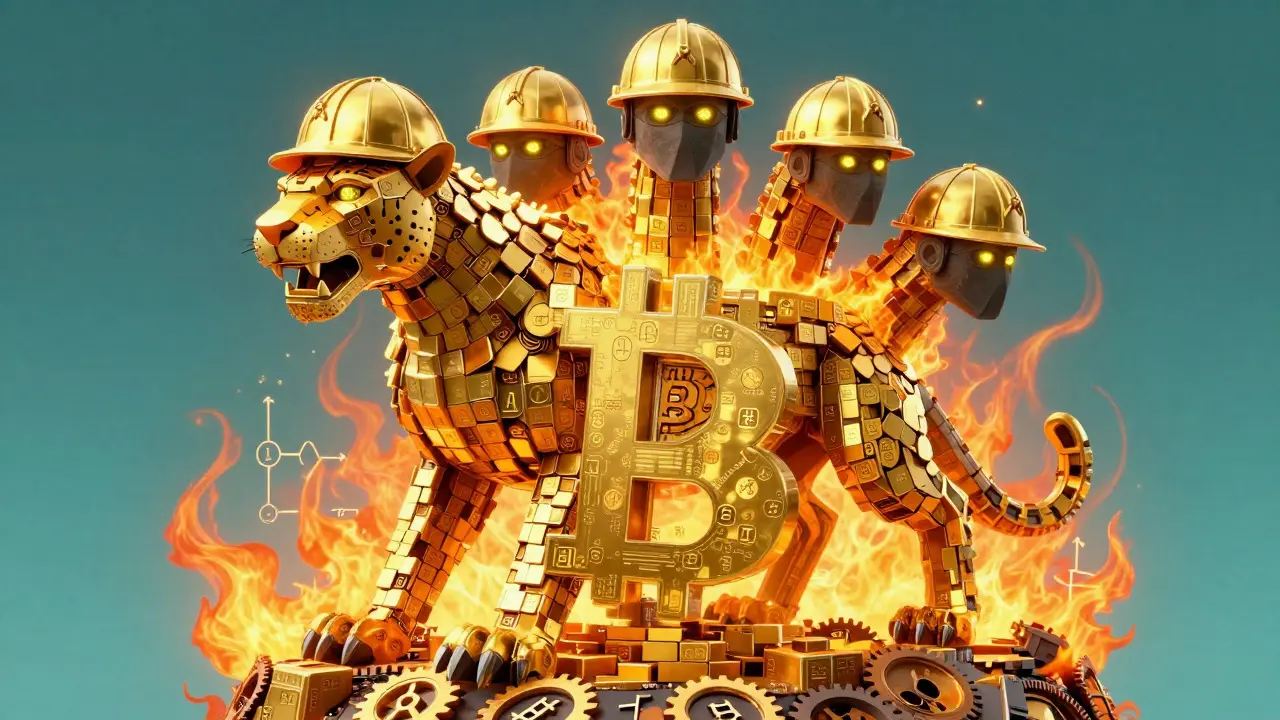 Mythical Alebrije blockchain dragon made of golden blocks and miner helmets