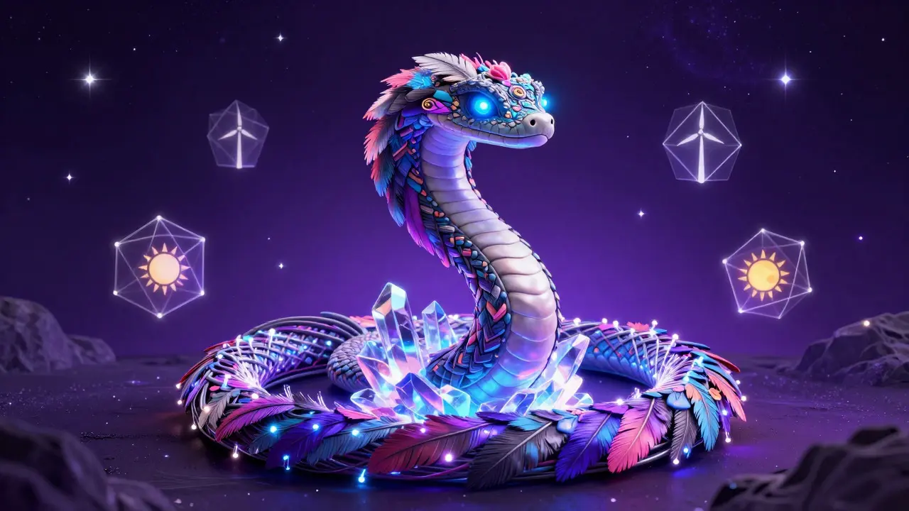 Mythical alebrije serpent coiling around a glowing blockchain crystal