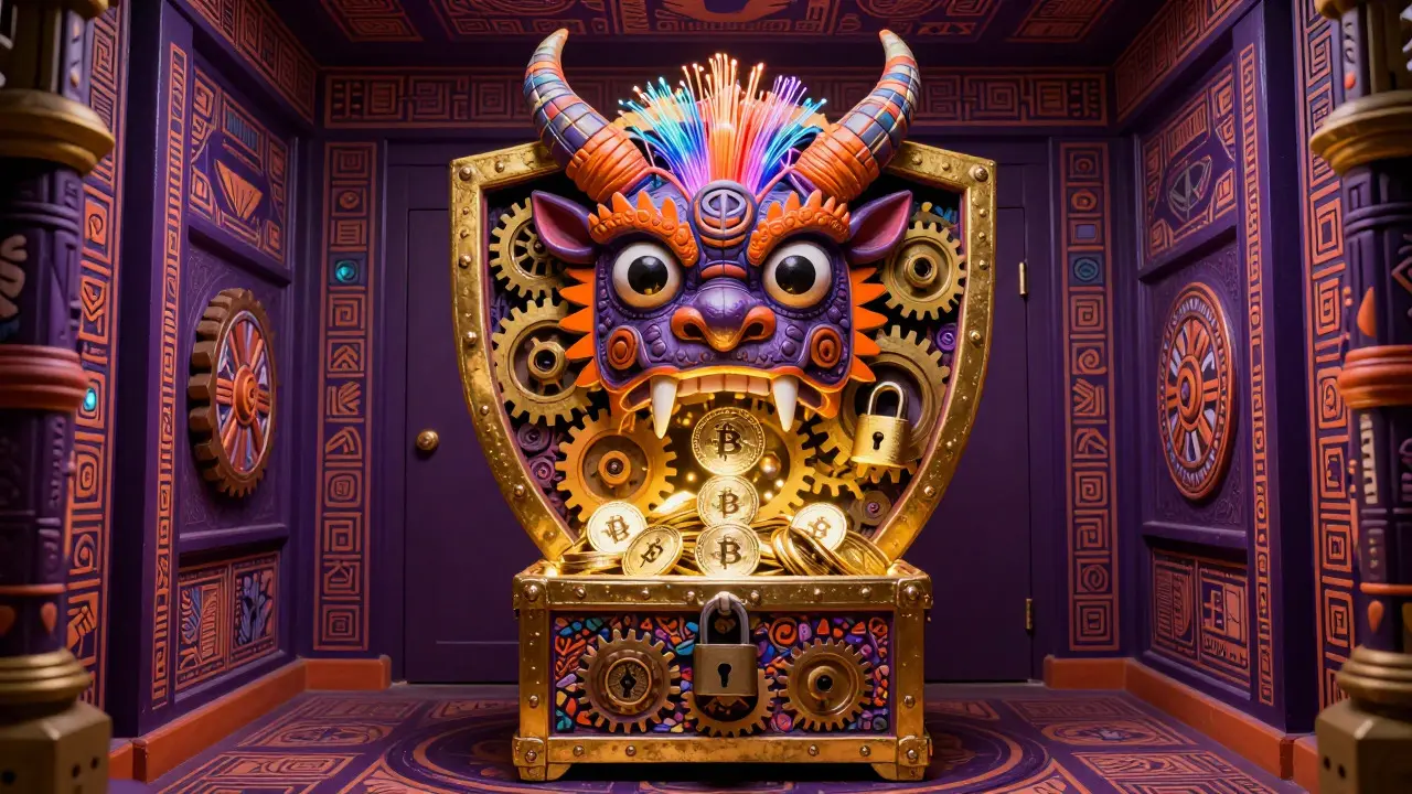 Mythical guardian shield protecting a chest of glowing crypto tokens