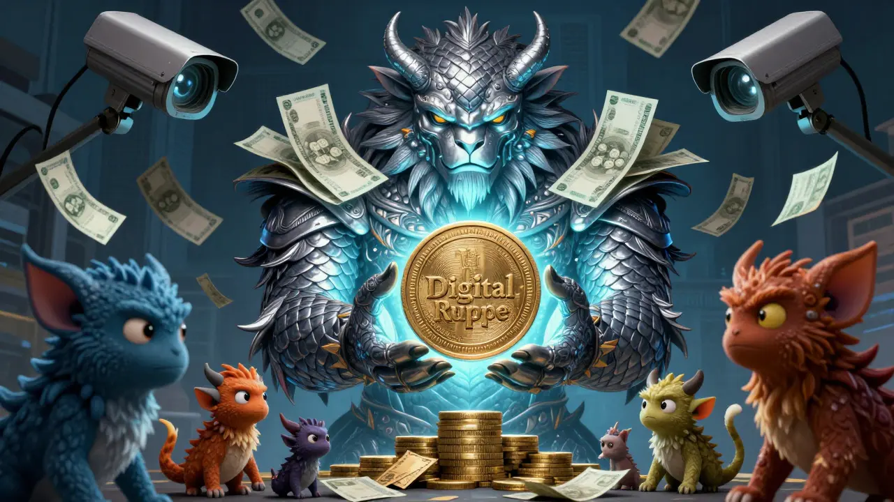 Mythical RBI beast guarding Digital Rupee while watching crypto traders