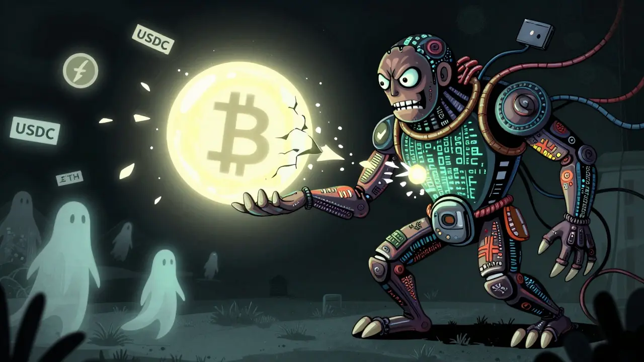 Mythical wire creature draining light from a cracking crypto wallet orb