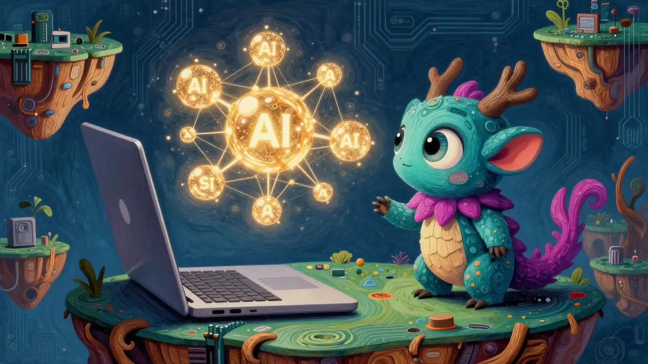 Playful laptop alebrije interacting with glowing AI neural network nodes