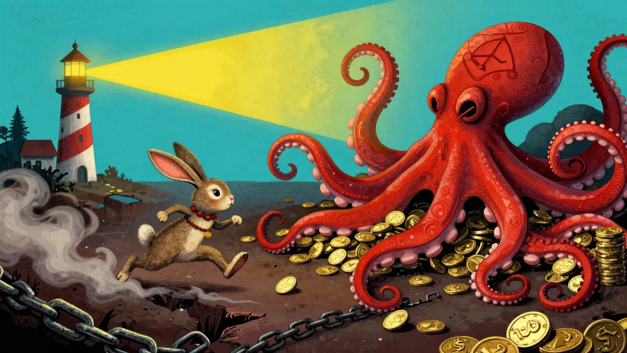 Rabbit escaping an octopus of coins towards a lighthouse in Alebrije style