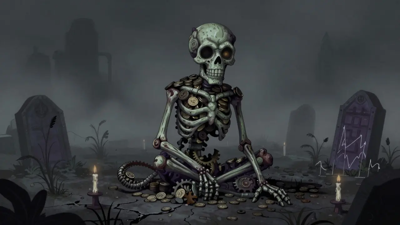Skeleton Alebrije creature sitting in a foggy graveyard of broken digital coins