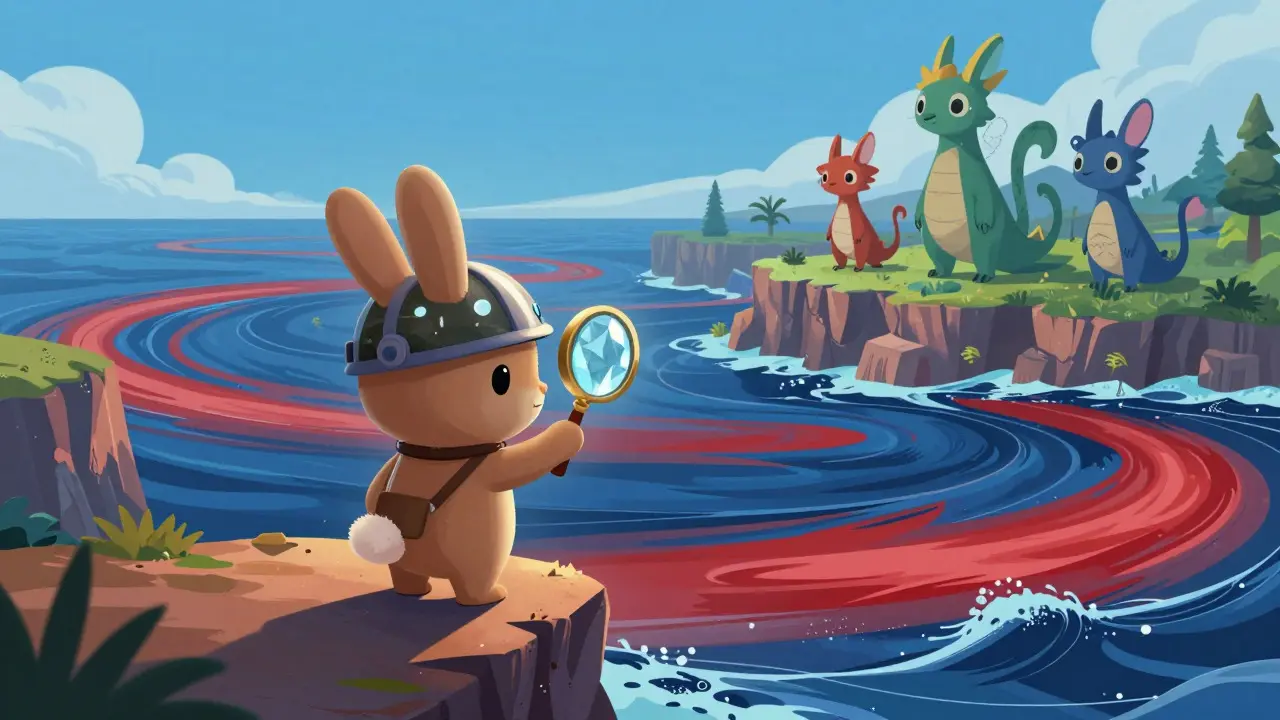 Small alebrije rabbit with a magnifying glass assessing risks at a cliff edge