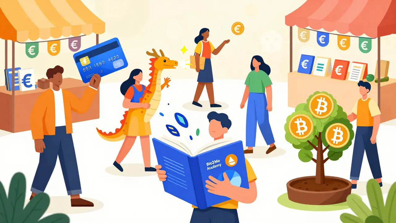 Stylized figures using educational books, cards, and growing asset trees