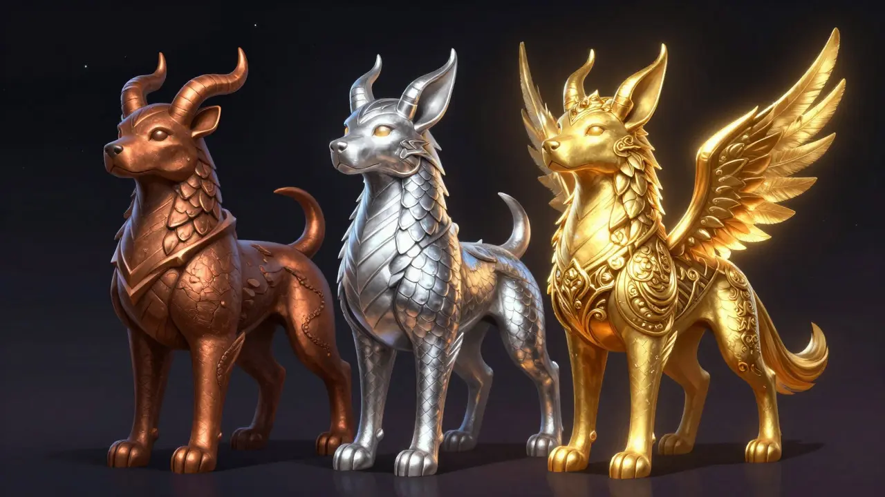 Three fantastical Alebrije dogs in bronze, silver, and gold standing in a cosmic setting