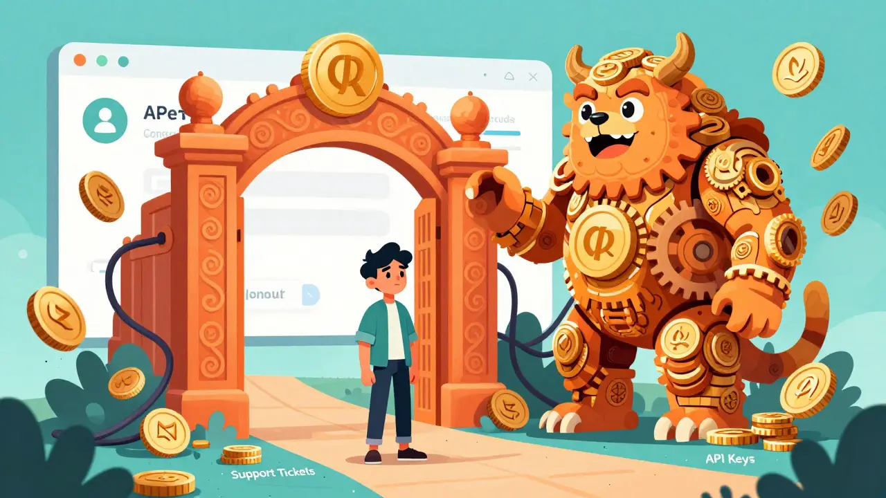 Trader facing a gate guarded by coin-beast Alebrije, showing trading friction.